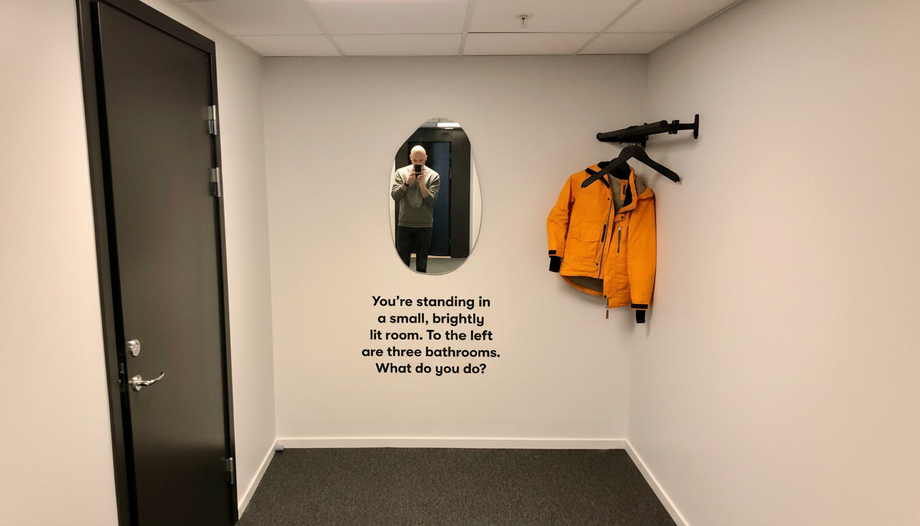 You're standing in a small, brightly lit room. To the left are three bathrooms. What do you do?